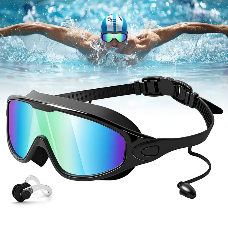 Unisex Diving Swimming Goggles - Swim Glasses, UV-Protection Lens, Anti-Fog, Waterproof, Wide-View Sealed Underwater Sports Eyewear with Leakproof Seal, Silicone Face Shield, Ear Plugs for Adults