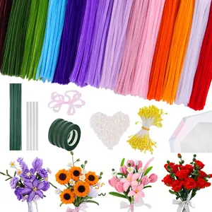 900 PCS Pipe Cleaners Craft, 14 Colors Chenille Stems Bulk Flower Making Kit with Greeting Card, Floral Wires, Tape, Stamen, Floral Wrapping Paper & Ribbon for Art DIY Flowers