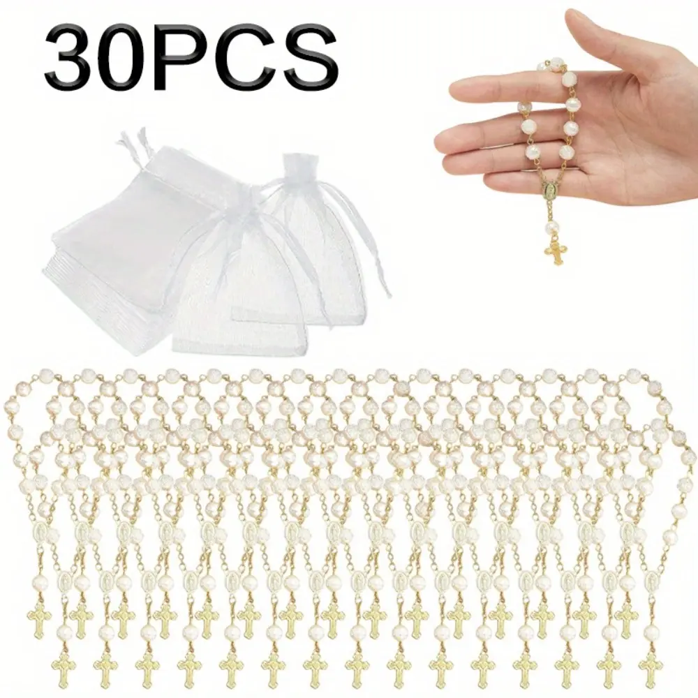 30 Pieces Mini Rosaries Baptism Rosary Beads Acrylic Ivory Color Finger Baptism Rosaries Faux Pearls with Organza Bags for Christening Weddings Party Favors