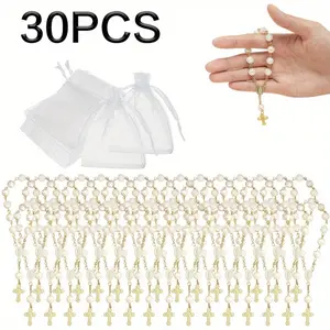 30 Pieces Mini Rosaries Baptism Rosary Beads Acrylic Ivory Color Finger Baptism Rosaries Faux Pearls with Organza Bags for Christening Weddings Party Favors tiktokshopspringglowup
