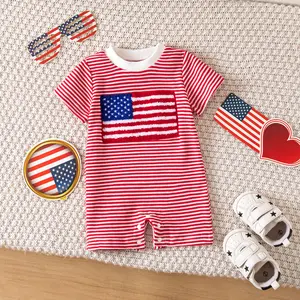 Toddler Infant Baby Boy 4th of July Jumpsuit Infant Waffle Short Sleeve Flag Embroidery Striped Romper Independence Day Clothes