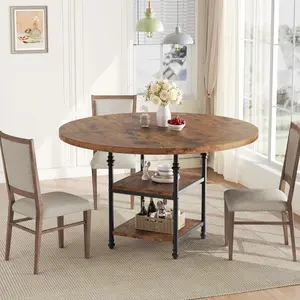 47-Inch Round Dining Table for 4,  Dinner Table with Storage Shelves & Roman Metal Legs for Dining Room, Kitchen -Rustic Brown (Table Only)
