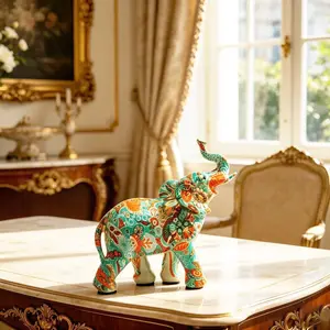 Print Elephant Figurine, Resin Painted Wealth Attracting Elephant, Luxury Home Desktop Decor, Elegant Houseware Gift