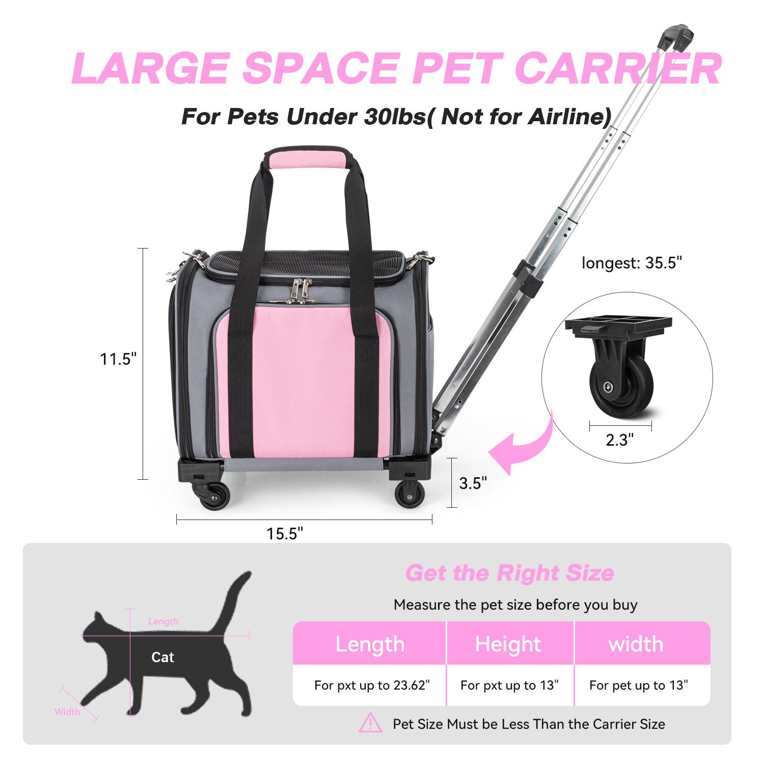 Pet Carrier Airline Approved, Expandable Large Dog Cat Carrier with Wheels, Upgraded Wheels Airline-Approved Cat & Dog Travel Carrier, Rolling Pet Carrier with Removable Pole Platform, Carnation Pink