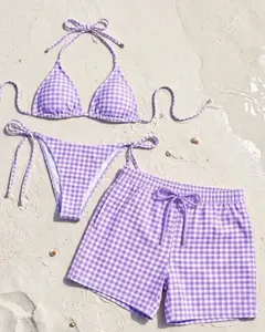 [MATCHING SWIMWEAR SET - SUPER HOT] A checkered swimsuit set, purple striped bikini and swim bottoms, a memorable gift for your vacation.