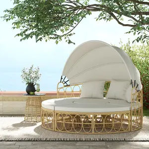 Patio Furniture Set, Round Outdoor Daybed with Retractable Canopy, Hollow Wicker PE Rattan Sectional Sofa with Washable Couch Cushions for Pool, Lawn, Cream White
