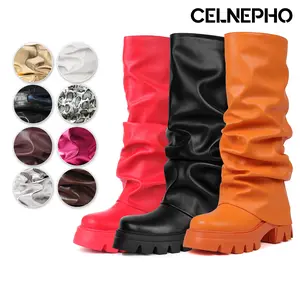 CELNEPHO Womens Slouchy Boots Round Toe Foldover Knee High Boots Chunky Platform Heel Easy Pull on Combat Tall Booties Everyday Wear Gift Date Casual Dress Shoes