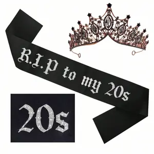 2Pcs RIP To My 20s Sashes and Black Crown Set, Funny Novelty Party Accessories, Decor Props for 20th Birthday, Birthday Dance and Cosplay Party for Women