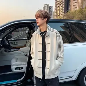 Men’s new spring casual retro cardigan with Chinese knot buttons; wear‑resistant shirt; men’s outerwear/coats/jackets; breathable, soft mesh; available in blue, navy, gray, pink, and long tops; layered look.