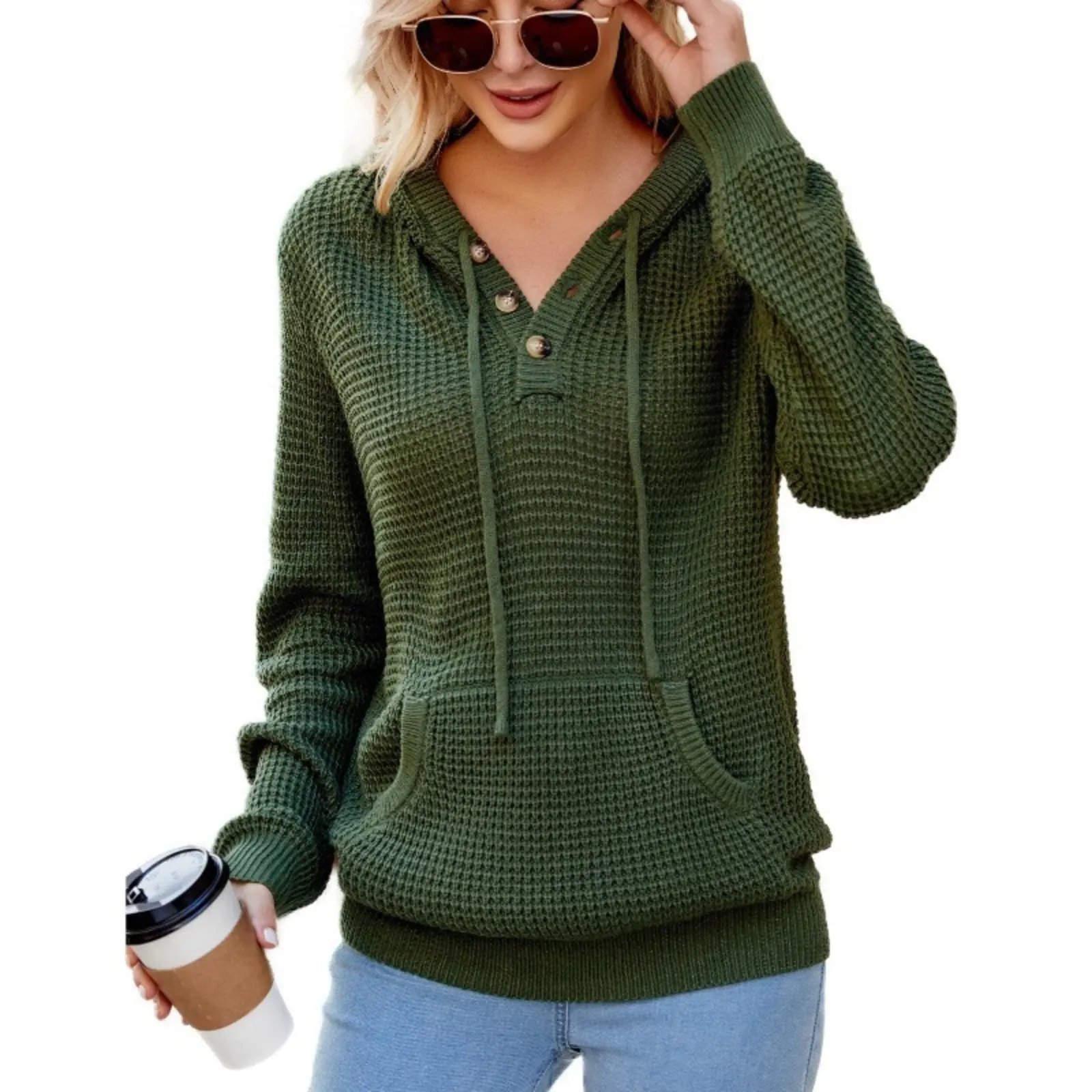 CICIBIRD Women's Chic Oversized Hooded Sweater, Casual V-Neck Medium Length Acrylic Knit Pullover with Pockets, Style, Long Sleeve, Fabric, Essential, Elegant, Knitwear, Cute, Minimalist, Sweatshirts, Dressy, Fitted, Fashion, Basic, Button