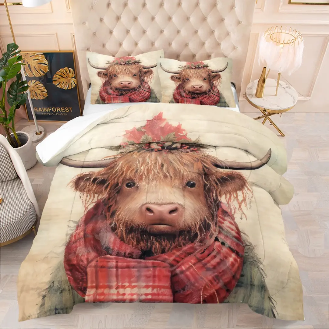 Christmas Highland cow pattern quilt, including 1 quilt and 1 or 2 core-free pillowcases, suitable for home or dormitory decoration, very suitable Christmas gift