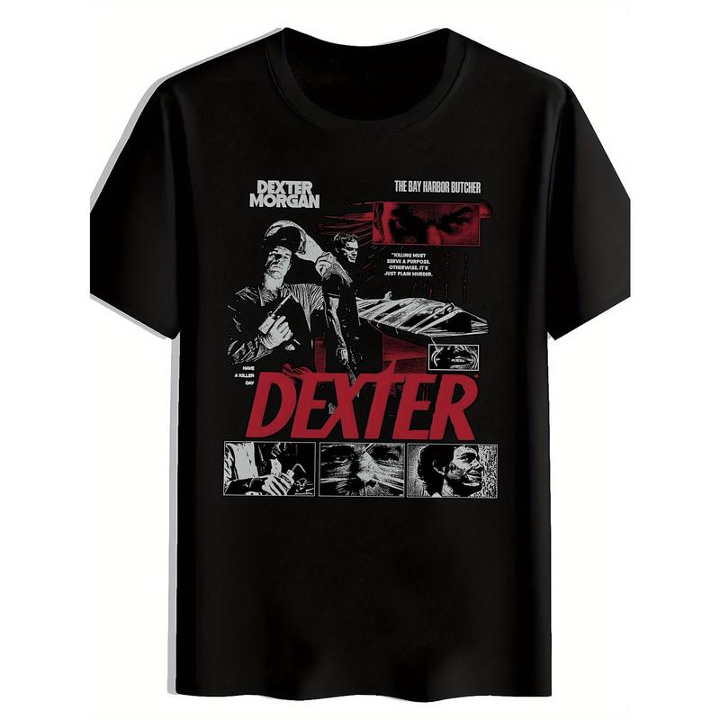 100% Cotton Men'S TV Show Graphic T-Shirt - Design with Blood Splatter & Dexter Face - Casual Round Neck Short Sleeve Tee - Dexter Fans