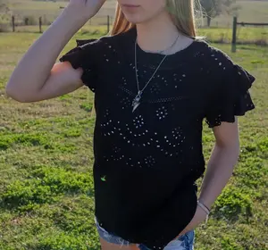Black Eyelet Flutter Sleeve Top