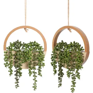 2pcs Artificial Succulents Hanging Plants 12.2'' Fake String of Pearls in Pot with 8.3'' Lanyard for Indoor Outdoor Wall Decor(Wood Color)