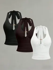 American Vintage Halter Top Sleeveless Deep V Cutout Metal Rings Back Tie Ruched Waist Sexy Short Vest Three Piece Set