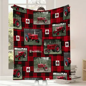 Contemporary Flannel Fleece Bed Blanket - Reversible All-Season Tractor And Plaid Theme Throw Soft Machine Washable Digital Print Polyester Bedding Multipurpose Knitted Warm Blanket