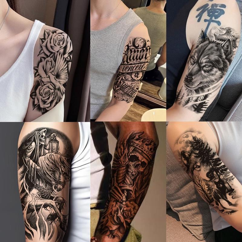 36 Sheets Large Black Temporary Tattoo Stickers with Tribal Wolf Tiger Lion Skull Designs for Men Women 12 Big & 24 Tiny Fake Tattoos for Arms Chest Shoulders