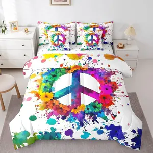 Tie Dye Peace Bed In A Bag Colorful Peace Sign Comforter Set,Soft Microfiber,Boho Hippie Flowers 7 Pieces Bedding Set,Bohemian Floral Hippy Decor Sheet Set for Kids Boys Girls Teens Bedroom