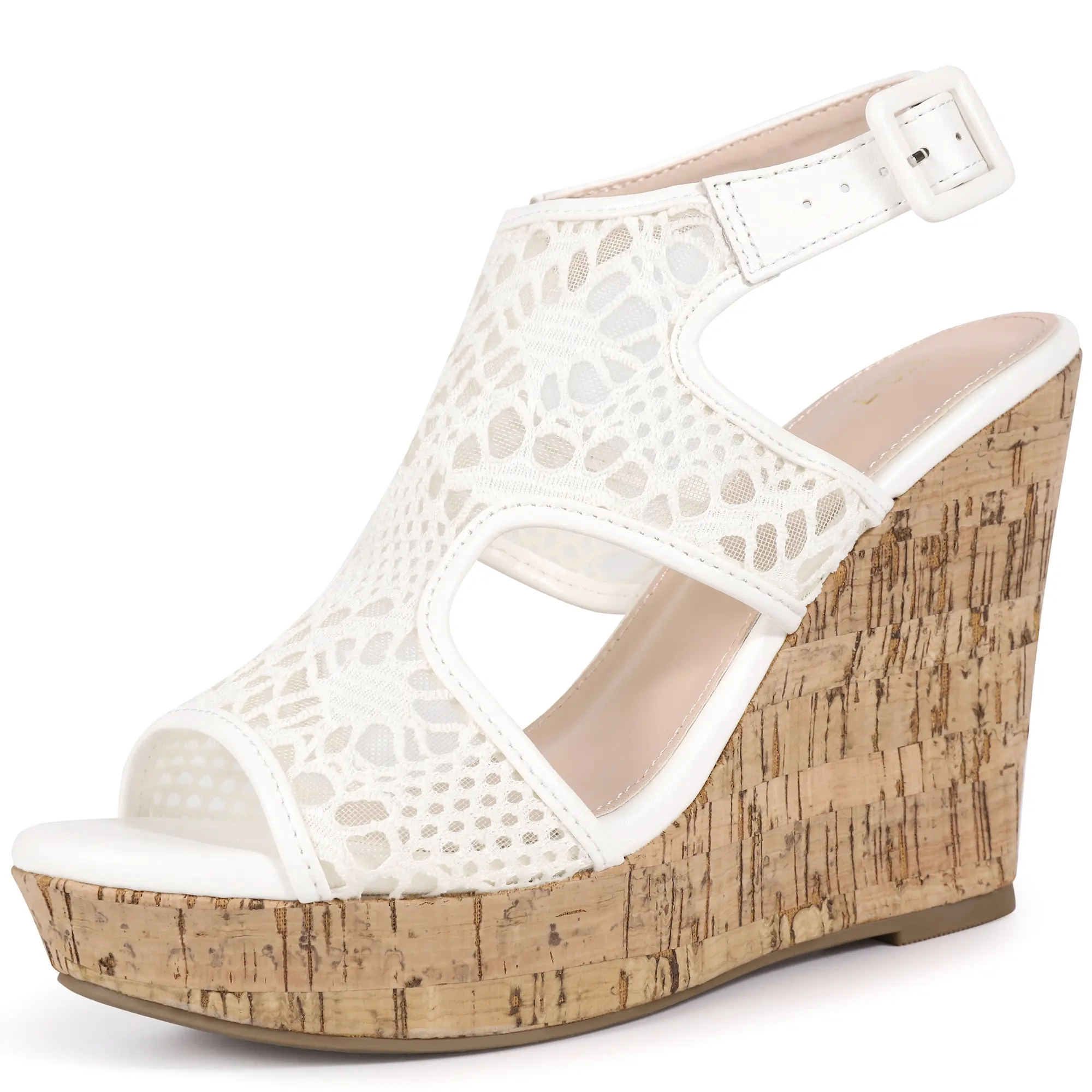 BLISSFUL STEP Open Toe Wedges Heels Lace Ankle Strap Sandals for Women