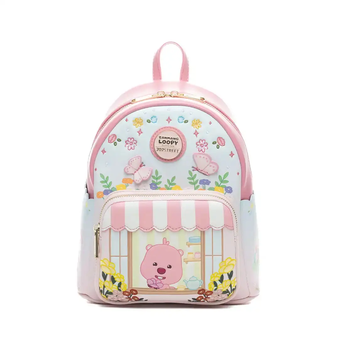 707 Street Exclusive Officially Licensed Zanmang Loopy Striped Floral Scene Faux Leather Mini Backpack - Limited Ed. 200 Collectibles, Cute Butterfly Appliqués Character Decoration Functional Bag