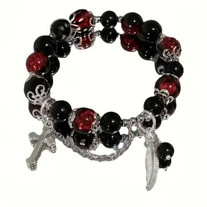 Gothic Vintage Beaded Charm Bracelet With Feather And Cross Pendant, Black And Red Glass Beads, Adjustable Chain, Unisex Jewelry Accessory For Punk Rock Style Outfits
