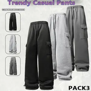 Men's simple, loose-fitting straight-leg trousers, featuring a casual, relaxed fit, large pockets, and drawstring design. Comfortable to wear, suitable for everyday occasions such as commuting, exercise, and streetwear. All-season clothing.