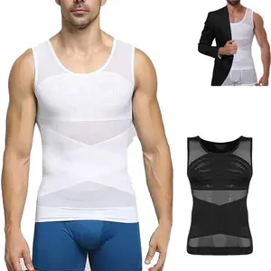 1/2/3 Pack Men Firm Chest Compression Tummy Control Shapewear Underwear Breathable Mesh Body Shaper Vest Elastic Spandex Sport Top For Summer Gym Fitness Workout Daily Clothes High Stretch Sleeveless Athletic Crew Neck Menswear Apparel