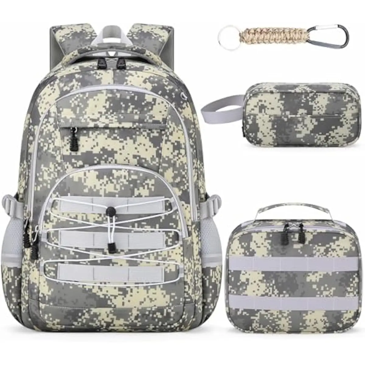 Boys' 4-Piece Camo Luggage Set - 18in Large Capacity Student Class Backpack, Youth Backpack, Lunch Box for Elementary/Middle School Travel & Daily Use, Keychain, Lunch Bag, Nylon Fabric, Waterproof, Holidays, Camo Print, Adjustable Strap, Adventure-Ready,