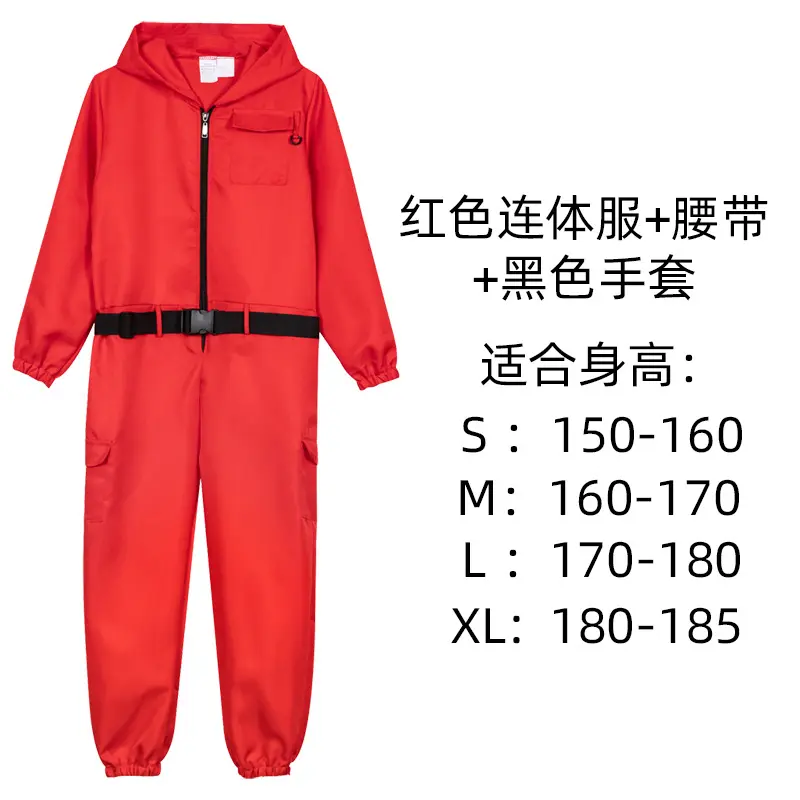 Red jumpsuit+belt+black gloves