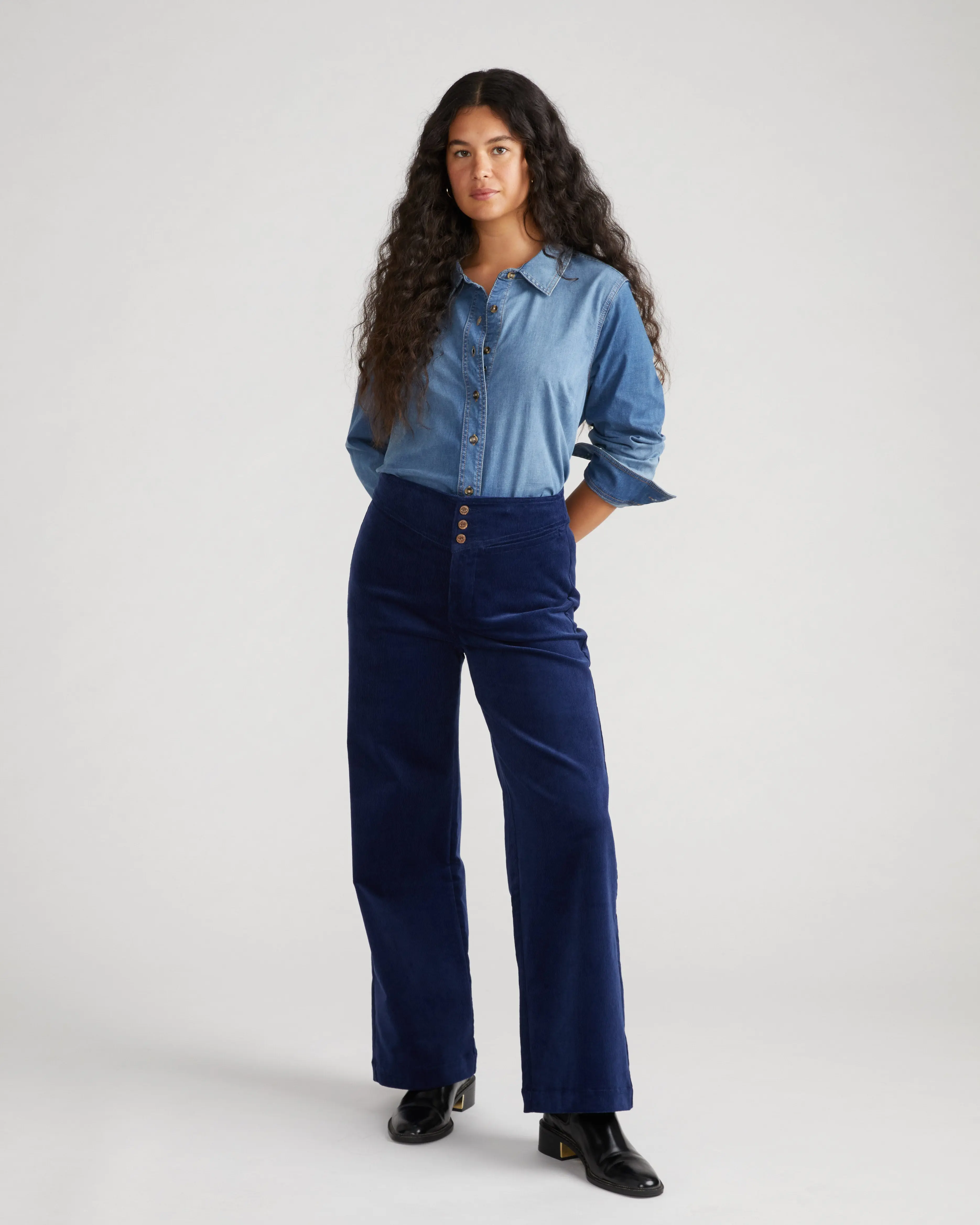 Women's Retro High Rise Sailor Pants in Inky Blue, Stretch Cotton Corduroy with a Wide Leg Fit and Shaping Darts, Casual High Rise, Cotton Fabric, Elastane, Retro Look, Bottom, Pockets, Trouser, Clothes, Wide Leg Pants, Retro Sailor