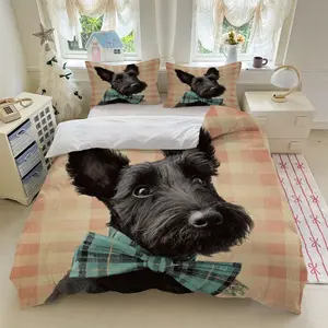 3pcs ScottishTerrier Dog Plaid BowTie Beige Pink Checkered bedding set (1*Duvet Cover + 2*Pillowcase, Without Core)+Soft comfortable and breathable Suitable for bedroom guest room hotel dormitory rooms