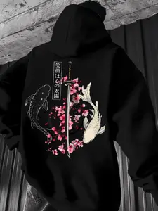 Men's Hooded Sweatshirt, Japanese Cherry Blossom Koi Print, Casual Fitted Style, Comfortable Breathable Fabric, Drawstring Hood, Front Pocket
