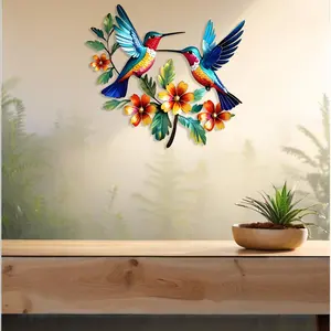 3D Dual Hummingbird Metal Wall Art, Vibrant Tropical Bird Flower Decor, Colorful Hanging Sculpture for Living Room Bedroom Balcony Office