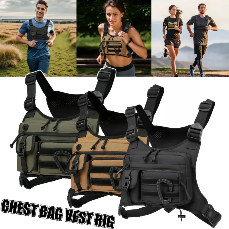 Outdoor tactical chest bag, men's and women's outdoor running, hiking, fishing chest bag vest bag, suitable for sports exercise, equipped with adjustable shoulder straps, outdoor equipment vest, jogging equipment for runners