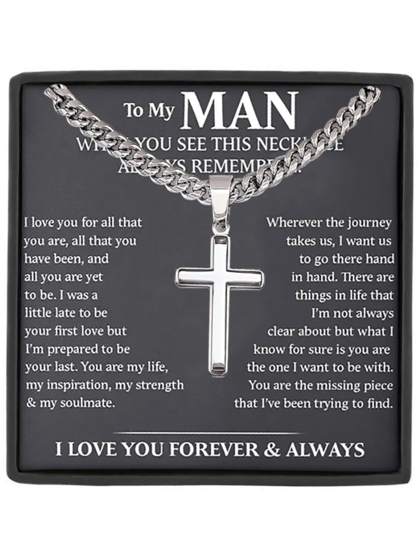 To My Man Cuban Link Design Chain Cross Pendant Necklace with Gift Box and Card, Romantic Birthday Christmas Gift for Husband Boyfriend, Stainless Steel Necklaces