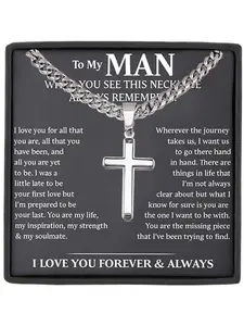 To My Man Cuban Link Design Chain Cross Pendant Necklace with Gift Box and Card, Romantic Birthday Christmas Gift for Husband Boyfriend