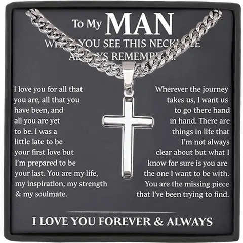 To My Man Cuban Link Design Chain Cross Pendant Necklace with Gift Box and Card, Romantic Birthday Christmas Gift for Husband Boyfriend, Stainless Steel Jewelry Necklaces