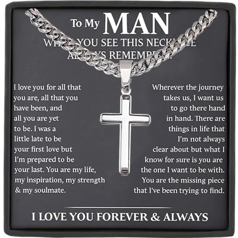 To My Man Cuban Link Design Chain Cross Pendant Necklace with Gift Box and Card, Romantic Birthday Christmas Gift for Husband Boyfriend, Stainless Steel Jewelry Necklaces