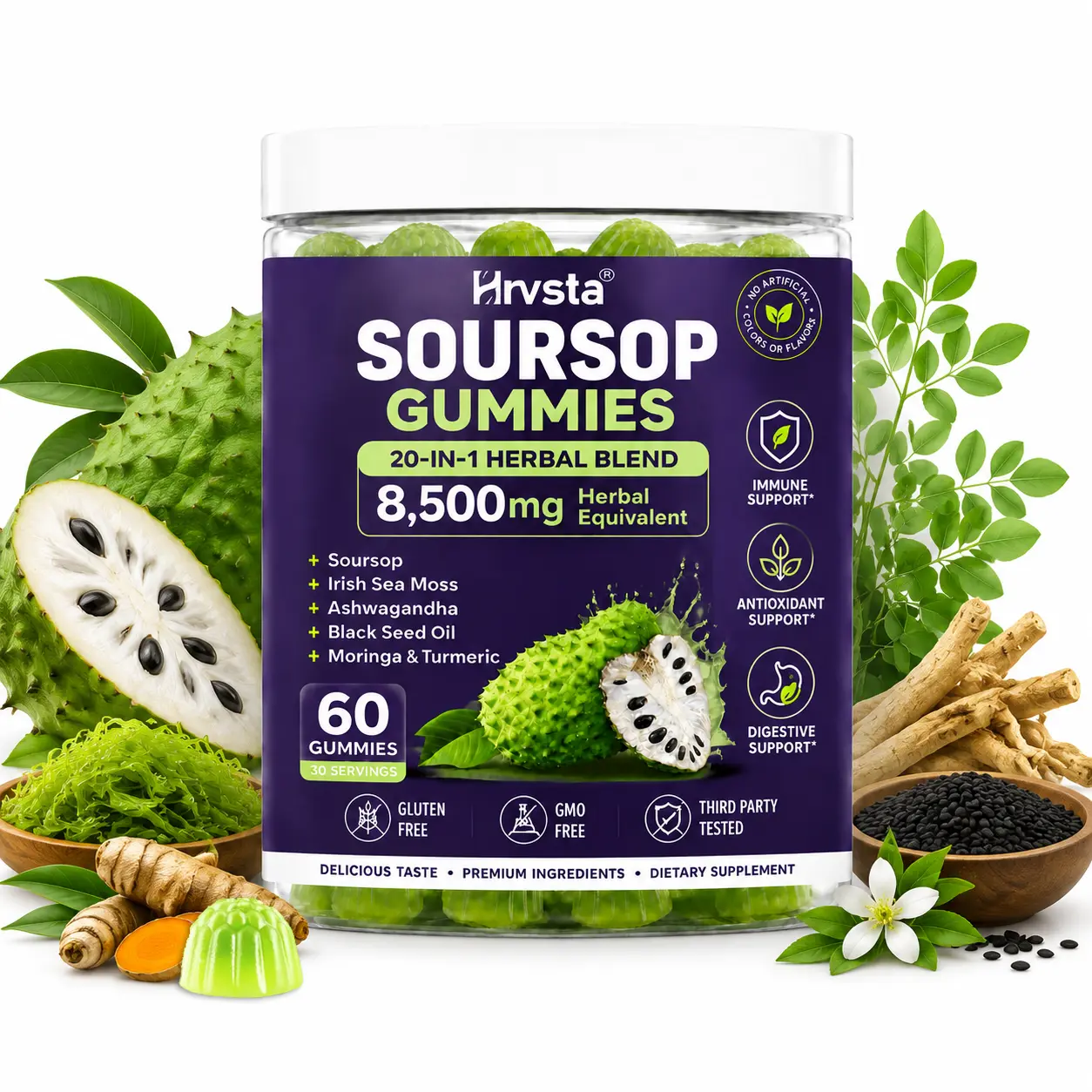 Soursop Gummies 8500mg Herbal Blend, 20-in-1 Botanical Formula with Irish Sea Moss, Moringa, Turmeric, Ashwagandha & Black Seed Oil, 60 Count Vegan Gummy Supplements