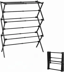 3-Tier Collapsible Metal Folding Clothes Drying Rack, Black - Foldable Laundry Drying Rack Suitable for Indoor & Outdoor Use
