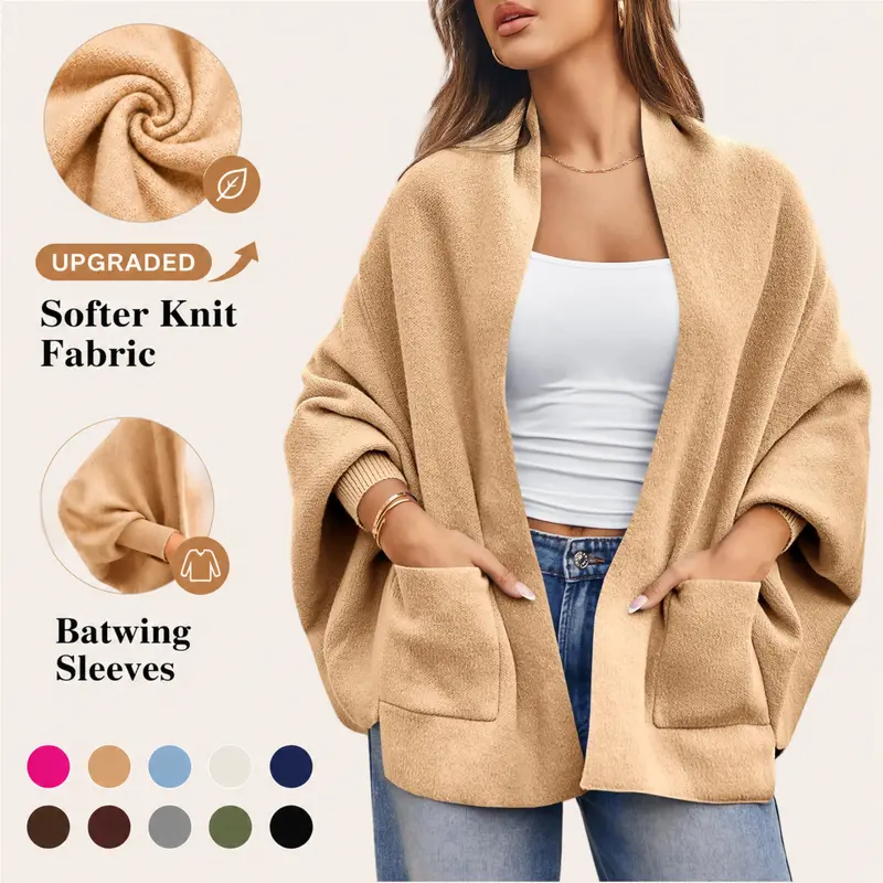 【New】Womens Open Front Cardigan Batwing Long Sleeve Shawl Chunky Knit Loose Fall Poncho Sweater Coats