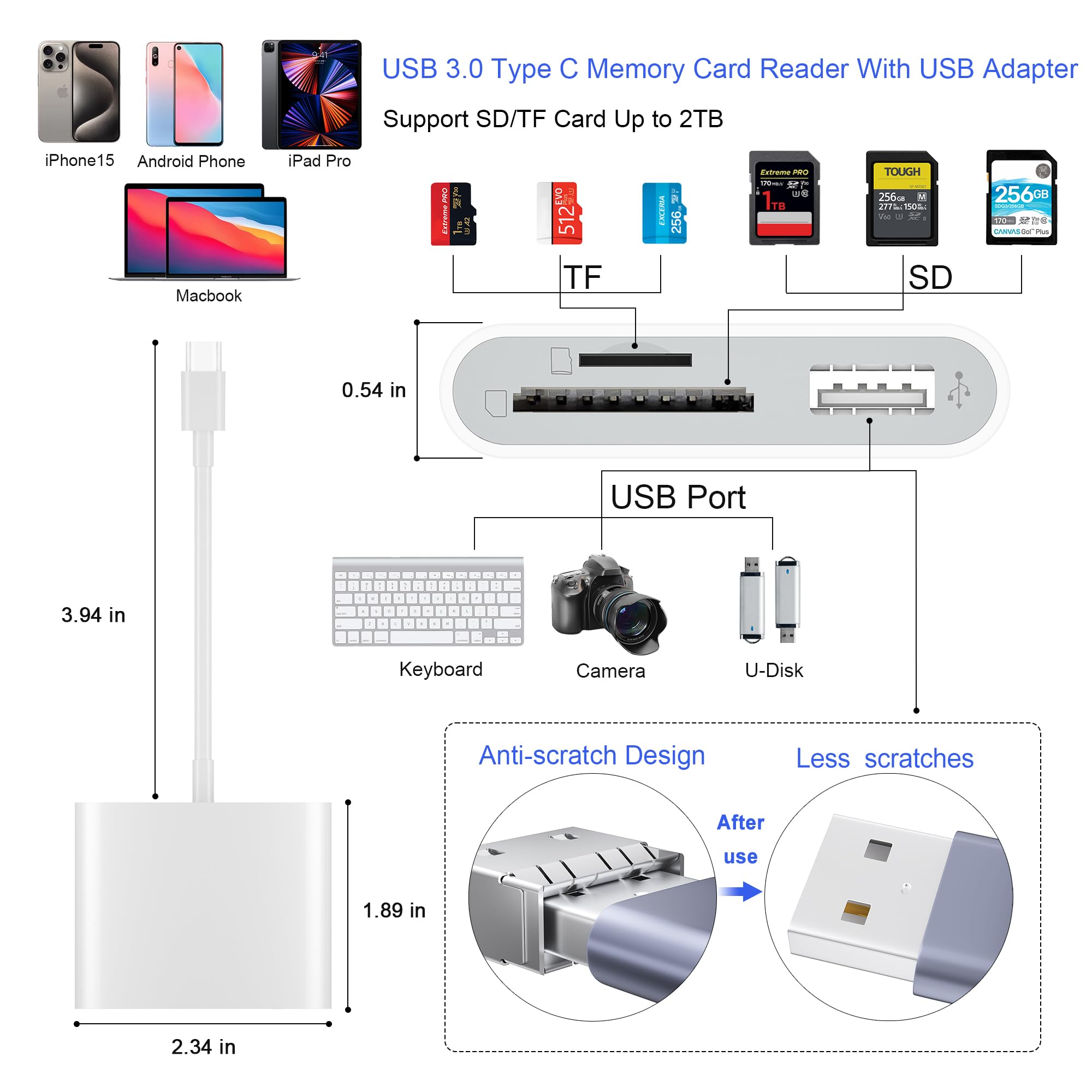 SD Card Reader, USB 3.0 Type C High Speed to SD/TF Card Adapter for iPhone 17/16/15 Pro Max Memory Card Reader with SD MicroSD USB 3 Port for Mac/iPad/MacBook Pro/Air Android Phone Tablet(White)