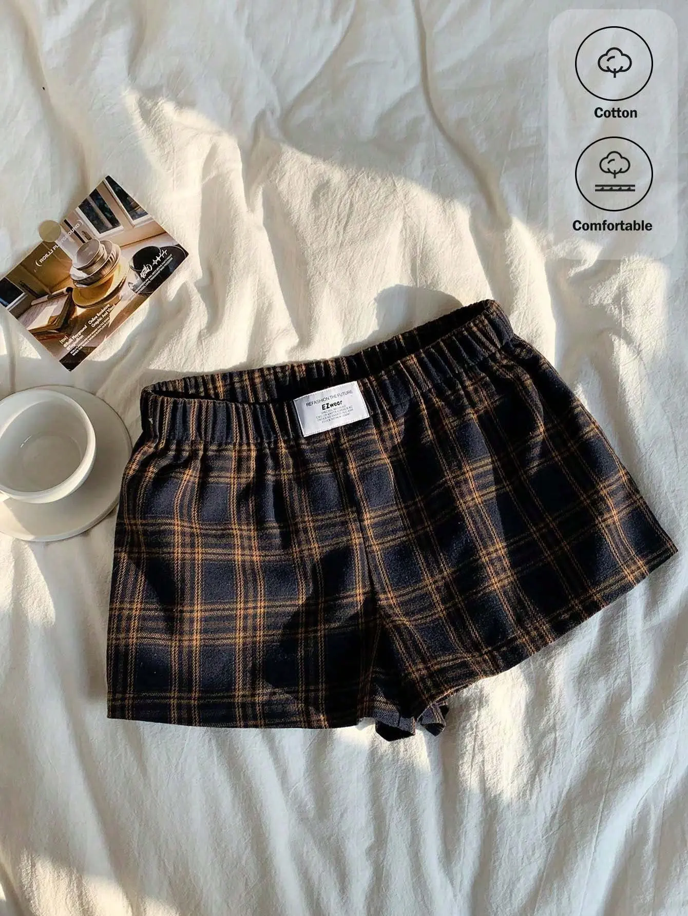 TAKEROOT Women's Casual Plaid Mini Shorts For Summer High Waisted Elastic Waist Loose Fit Cute Trendy Beach Outfit Vacation Wear Y2K Streetwear