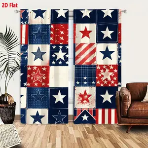 2D Flat Patriotic American Flag Themed Curtain 2-Piece Set, 6x6 Grid Stars & Stripes Design, Vintage Distressed Red White Blue Decor, Home Decoration Curtain, Window Treatment for Living Room Bedroom