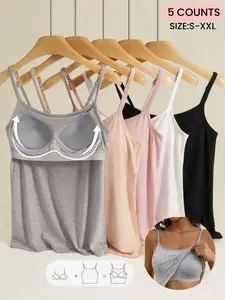 Women's Spring Summer 2-In-1 Bra Cup Tank Top, Adjustable Straps, Fresh&Comfortable Plain Inner Layer, Sleeveless Fitted Soft Vest,Home&Sleep