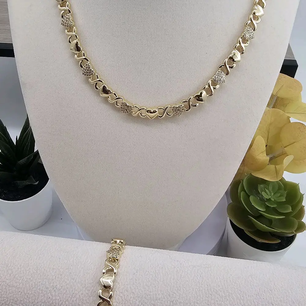 (C3) elegant heart diamantados 18" necklace and bracelet set 14kgoldplated