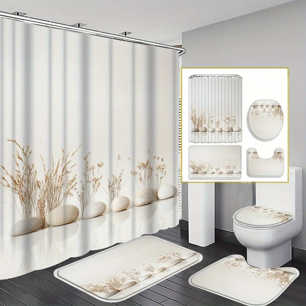 4pcs 2D Flat Stone Vase Shower Curtain Set, Minimalist White Background Stone Vase Print Bathroom Decor, Includes Bath Mat, U-shaped Pad, Toilet Lid Cover, Curtain with 12 Hooks, Home Decor,family,farmhouse,Modern,Ombre,,Green,Christmas,Tree,sheer,top,,