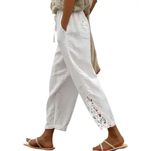 Women Casual Lightweight Drawstring Elastic Waist Cropped Linen Pants Fall Spring Slacks Capri Pants Trendy Fashion Beach Trousers with Pockets White Medium