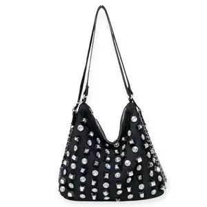 Black Studded Rhinestone Handbag | Edgy Glam Shoulder Bag with Crystal & Chain Detail