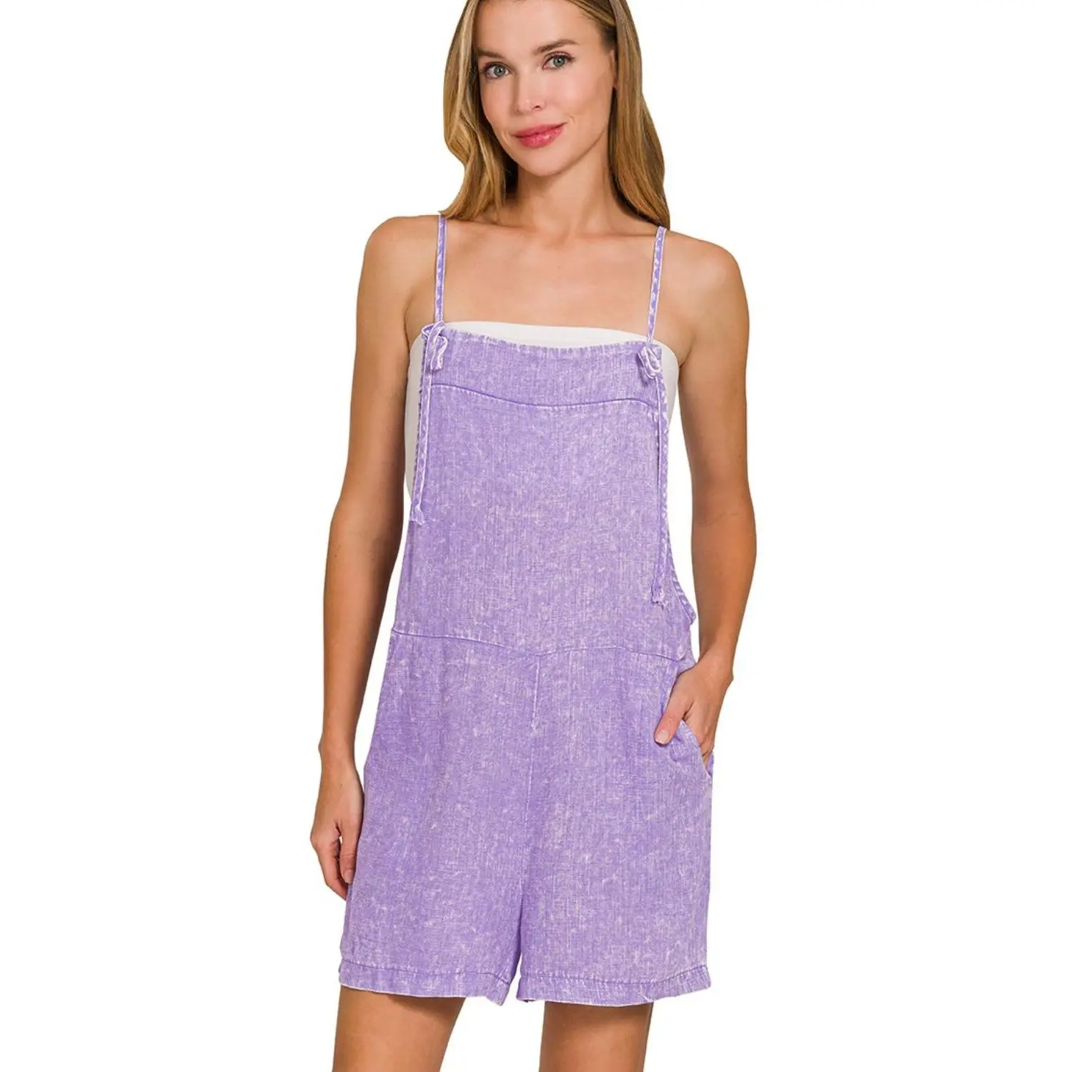 Zenana Washed Linen Knot Strap Rompers